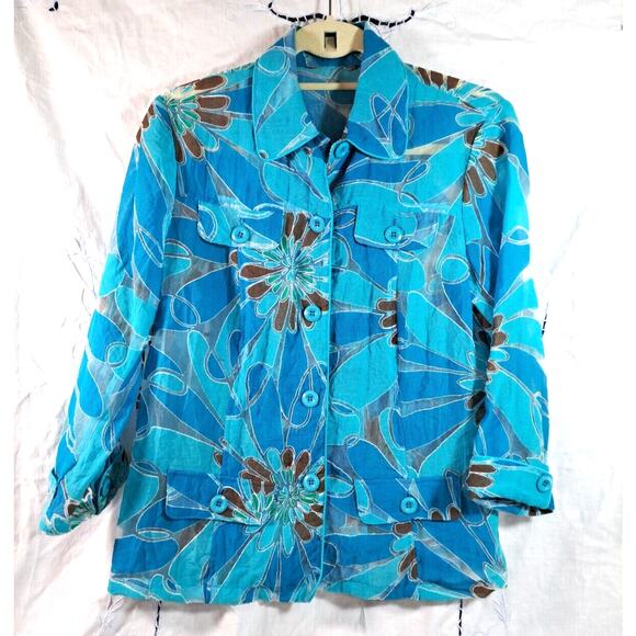 Shacket Shirt Blue Black Burnout Women's Size M L Floral 3/4 Sleeve Semi-sheer - Picture 2 of 12